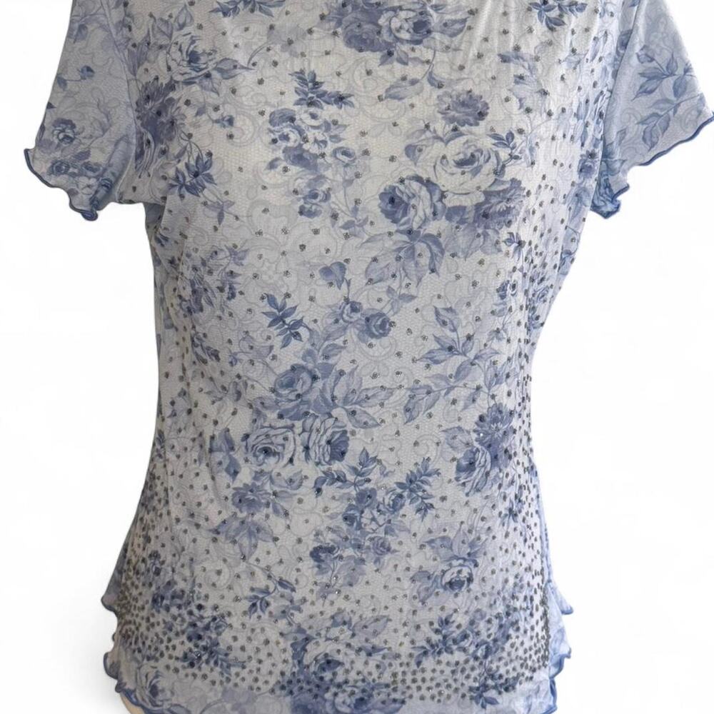 Studio Y Blue Floral Semi-Sheer Blouse with Embellishments